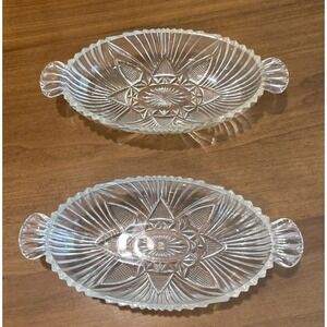 2 Vintage Hazel Atlas Clear Glass 8" Relish Olive Dish Starburst Pressed Pattern